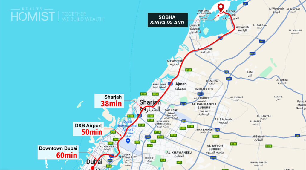 How far is siniya island from Dubai?